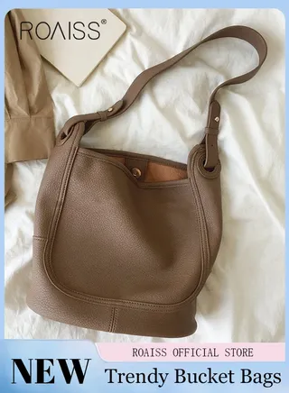 Large-Capacity Bucket Bag for Women Can Be Used As A Cross-Body Bag Fashionable and Versatile Retro Casual Soft Leather Separate Ipped Bag Inside 