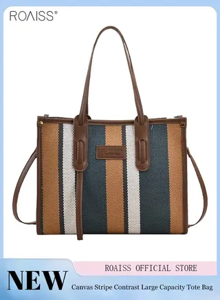 Women's Contrasting Texture Canvas Tote Bag Pu Leather Stitching Large Capacity Shoulder Bag Multi Pocket Adjustable Shoulder Strap Handbag 