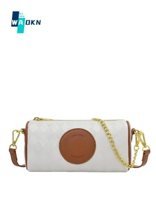 Women's Retro Cylindrical Shoulder Bag,Ladies Fashionable Casual Handbag Tote Bag Carry Bags,Trendy and Versatile Contrast Chain Crossbody Bag Sling Bag(White and Brown) 