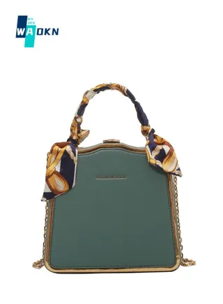 Women's Silk Scarf Embellished Shoulder Bag, Ladies Portable Chain Handle Crossbody Bag Sling Bag Side Bag, Solid PU Leather Tote Bag Handbag Clutch Bag (Green) 