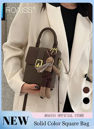 Women Crossbody Bag Stylish and Personalized with Patchwork Elements Compact Square Design Versatile Decorated with Cute Doll Can be Worn as a Shoulder Bag or Carried by Hand 