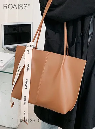Women's Large-Capacity Bag All-Match Commuter Shoulder Bag Student Tote Bag Retro Texture with Fashion Ribbon 