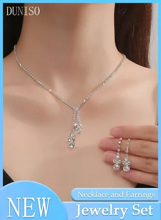 2Piece Necklace and Earrings Set Full Diamond Necklace Pendant Crystal Earrings Wedding Bridal Bridesmaid Costume Jewelry Set for Women and Girls Dress Accessories 