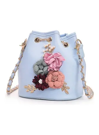 Flower Decor Bucket Shoulder Bag Blue/Pink/Red 