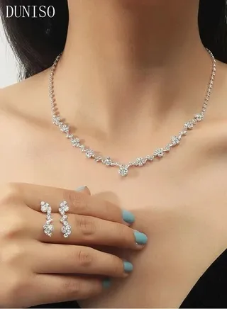 2Piece Necklace and Earrings Set Full Diamond V Neck Necklace Crystal Earrings Wedding Bridal Bridesmaid Costume Jewelry Set for Women and Girls Dress Accessories 