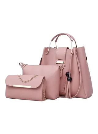 3-Piece Leather Handbag Set Pink 