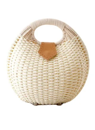Women's seashell round cane straw woven handbag 
