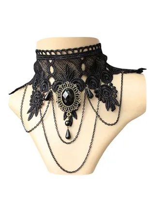 Crystal Studded Lace Necklace 