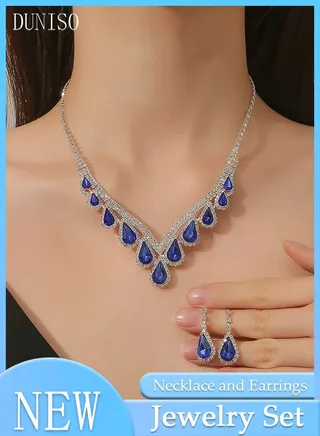 2pieces Jewelry Set With Necklace and Earring V Neck Crystal Bridal Wedding Jewelry Set Bridesmaid Party Choker Necklace Water Drop Pendant Earrings Sets for Women and Girls 