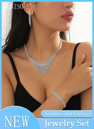 3Piece Jewelry Set With Necklace Bracelet and Earrings Full Diamond V Neck Necklace Crystal Earrings Wedding Bridal Bridesmaid Costume Jewelry Set for Women and Girls Dress Accessories 