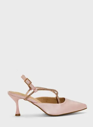 Diamante Crossed Strap Satin Pointed Pump