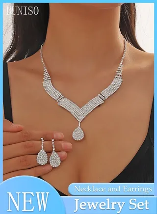 2Piece Jewelry Set With Necklace and Earrings Full Diamond V Neck Necklace Crystal Earrings Wedding Bridal Bridesmaid Costume Jewelry Set for Women and Girls Dress Accessories 
