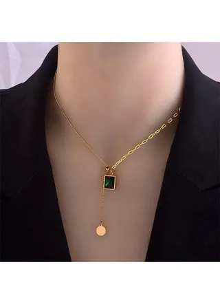 Retro Emeralds Clavicle Chain Necklace Casual Adjustable Ins Style Minimalist Gemstone Pendant Jewelry Titanium Steel Gift For Female Women Ladies Gold/Green 