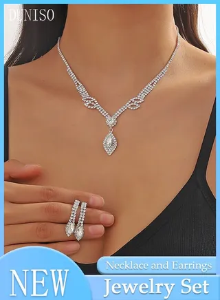 2Piece Necklace and Earrings Set Full Diamond Necklace Pendant Crystal Earrings Wedding Bridal Bridesmaid Costume Jewelry Set for Women and Girls Dress Accessories 