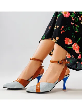 Shoes Heels Leather In Fabric F-11 -Blue Sky 