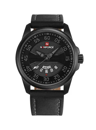 Men's Leather Strap Analog Wrist Watch NF9124 - 45 mm - Black 
