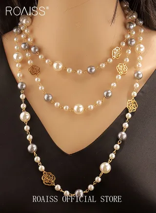 High Quality Dainty Pearl Hollow Out Flower Women Sweater Chain Necklace Long Chain Necklaces Gift for Ladies Girls 