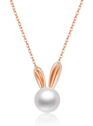 925 Silver Exclusive Pendant Necklace Rabbit Shape Freshwater Pearl Gold 