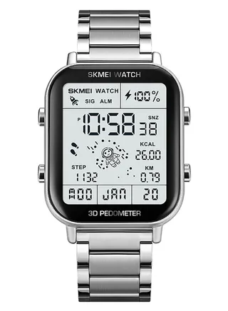 Watches For Men Stainless Steel Multi-function Water Resistance Digital Watch 3D Pedometer - Silver 