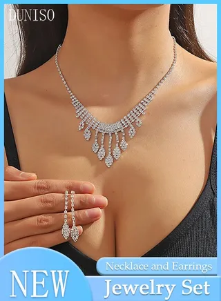 2pieces Jewelry Set With Necklace and Earring Crystal Bridal Wedding Jewelry Set Bridesmaid Party Choker Necklace Water Drop Pendant Earrings Sets for Women and Girls 