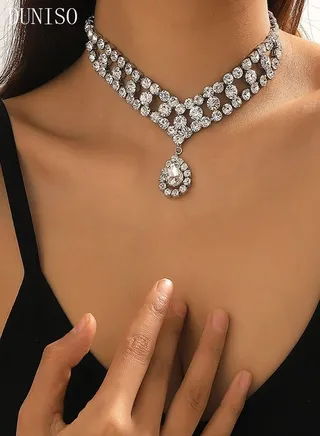 Women Full Diamond V Neck Necklace Crystal Bridal Wedding Jewelry Bridesmaid Party Choker Necklace Water Drop Pendant for Women and Girls 