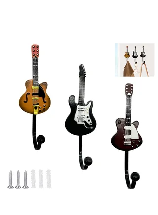 Guitar Wall Hook, Vintage Guitar Shaped Decoration Hook Hanging Hanger Hat Coat Key Towel Hat Clothes Metal Resin Hook Wall Hanging Heavy Duty (Guitar Hook) (Pack of 3) 