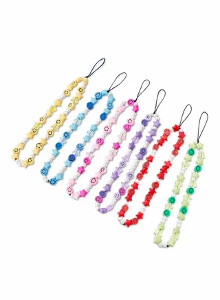 6 Pcs Beaded Phone Strap Smiley Face Beaded Lanyard Wrist Strap, Star Smiley Soft Ceramic Bracelet Keychain Charm for Women Girl 6 Color 