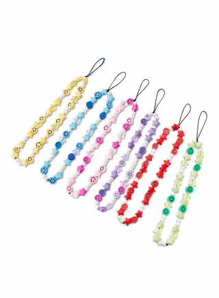 6 Pcs Beaded Phone Strap Smiley Face Lanyard Wrist Strap, Star Soft Ceramic Bracelet Keychain Charm for Women Girl Color 
