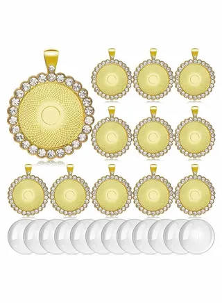 12 Pieces Rhinestone Diamond Pendant Trays 25 mm Round Bezel and Transparent Glass Cabochons for Photo Jewelry Craft DIY Making (Gold) 