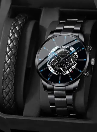 Men's Stainless Steel Analog Watch Set 