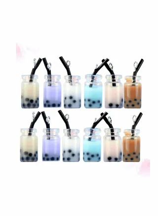 12pcs Milk Tea Charms Pendant Keychain Miniature Embellishments Resin Figurine for DIY Earring Jewelry Necklace Craft Making Accessories Decoration (Mixed Color) 