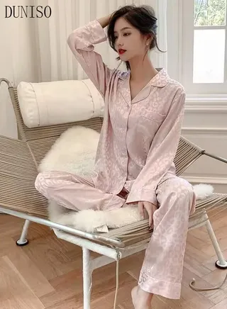 2- Piece Women's Soft Pajamas Set Long Sleeve Silky Pajama Set with Leopard Print Sleepwear Loungewear Button-Down Night Suit Pajama Sets Spring and Autumn Night Wear 