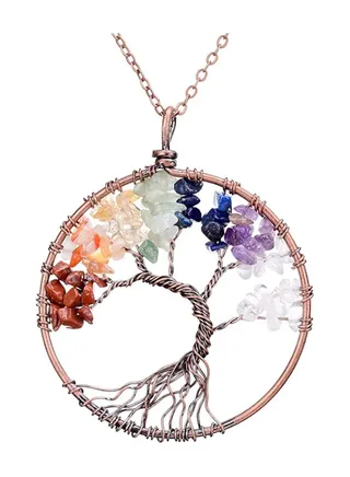 Crystal Pendant Necklace, 7 Color Tree of Life Crystal Pendant Necklace, Tumbled Stone Exquisite Tree of Wisdom Ancient Copper Necklace, Chakra Gemstone Copper Wire Wrap Necklace 