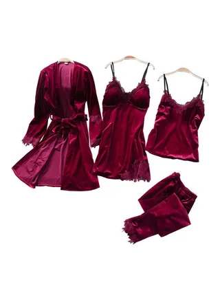 4-Piece Solid Sleepwear Pyjama Set Wine Red 