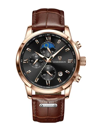 Water Resistant Watches Men's Chronograph Quartz Watch for Men Business with Luxury Leather Band Brown 