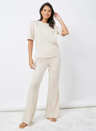 Drop Shoulder Oversized T-Shirt & Flared Pyjama Set