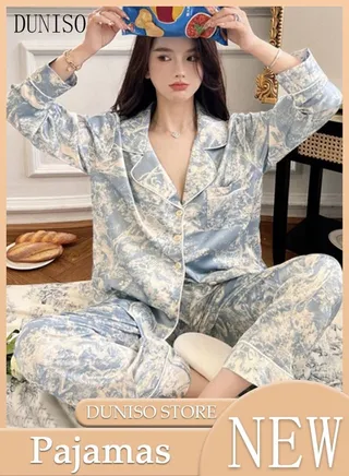 2-Piece Women's Soft Pajamas Set Long Sleeve Silky Sleepwear Loungewear Button-Down Nightwear Pajama Sets Spring And Autumn Home Wear Long Sleeve Top And Pants 