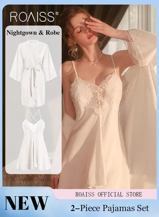 2-Piece Set of Women Pajamas with V-Neck Design Women Home Wear Set Same Color Outer Robe and Lace Element Nightgown 
