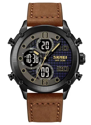 Watches for Men Sports Water Resistance Multi-Function Leather Analog Digital LED Quartz Watch Multi Time Brown 1975 