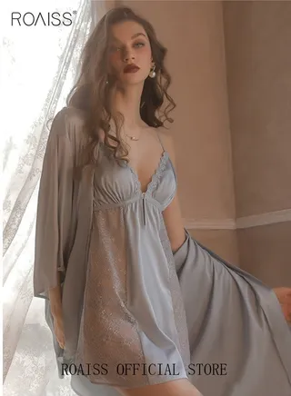 2 Piece Nightgown Set Women's Sweet Halter Nightdress Lace Lingerie Sleepwear Home Dress Set Romantic Elegant Pajamas Ladies Spring Autumn Robe Loungewear 