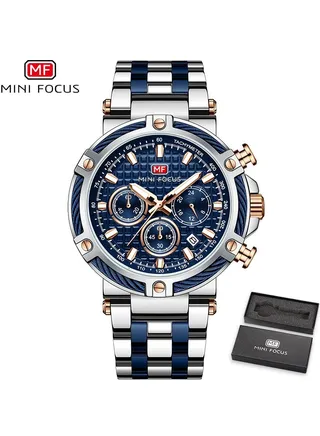 Watches For Men Fashion Stainless Steel Chronograph Quartz Water Resistant Watch - Blue＆Silver 
