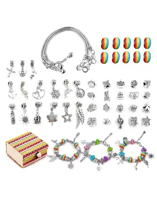 Girls Charm Bracelet Making Set Girls Jewellery Making Kits For Kids, Nice Gifts For Girls, Present For 8-12 Year Old Girl, DIY Silver Plated Bead Snake Chain Jewelry Bracelet 