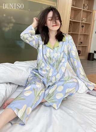 2- Piece Women's Soft Pajamas Set Long Sleeve Silky Pajama Set with Floral Print Sleepwear Loungewear Button-Down Night Suit Pajama Sets Spring and Autumn Night Wear 