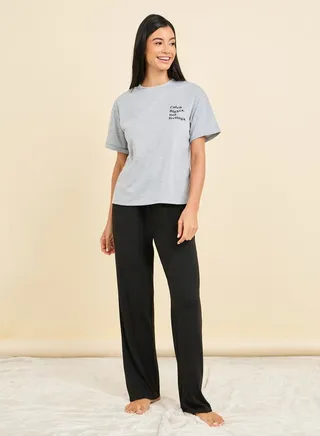 Melange Slogan Print T-Shirt & Pyjama Set