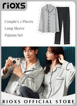 Couples Matching 2 Pieces Long Sleeve Pajamas Soft Cotton Sleepwear Button Down Loungewear Men's Women's V-neck Tops and Straight Loose Leg Pants 