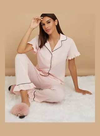 Ruffle Sleeves Hem Contrast Piping Shirt and Trouser Set 