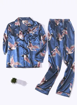 Summer Ice Silk Printing Trousers And Pajamas Suit Blue 