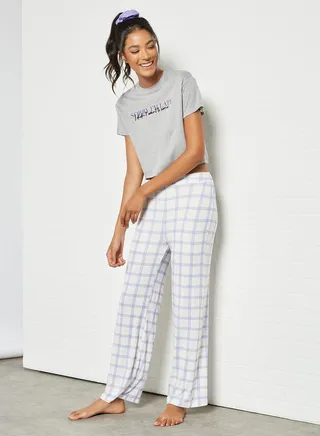 Contrast Text Pyjama Set (Set of 2) Grey 