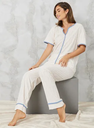 Jacquard Cable Contrast Edge Shirt & Pyjama Set