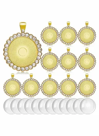12 Pieces Rhinestone Diamond Pendant Trays 25 mm Round Bezel and Transparent Glass Cabochons for Photo Jewelry Craft DIY Making (Gold) 